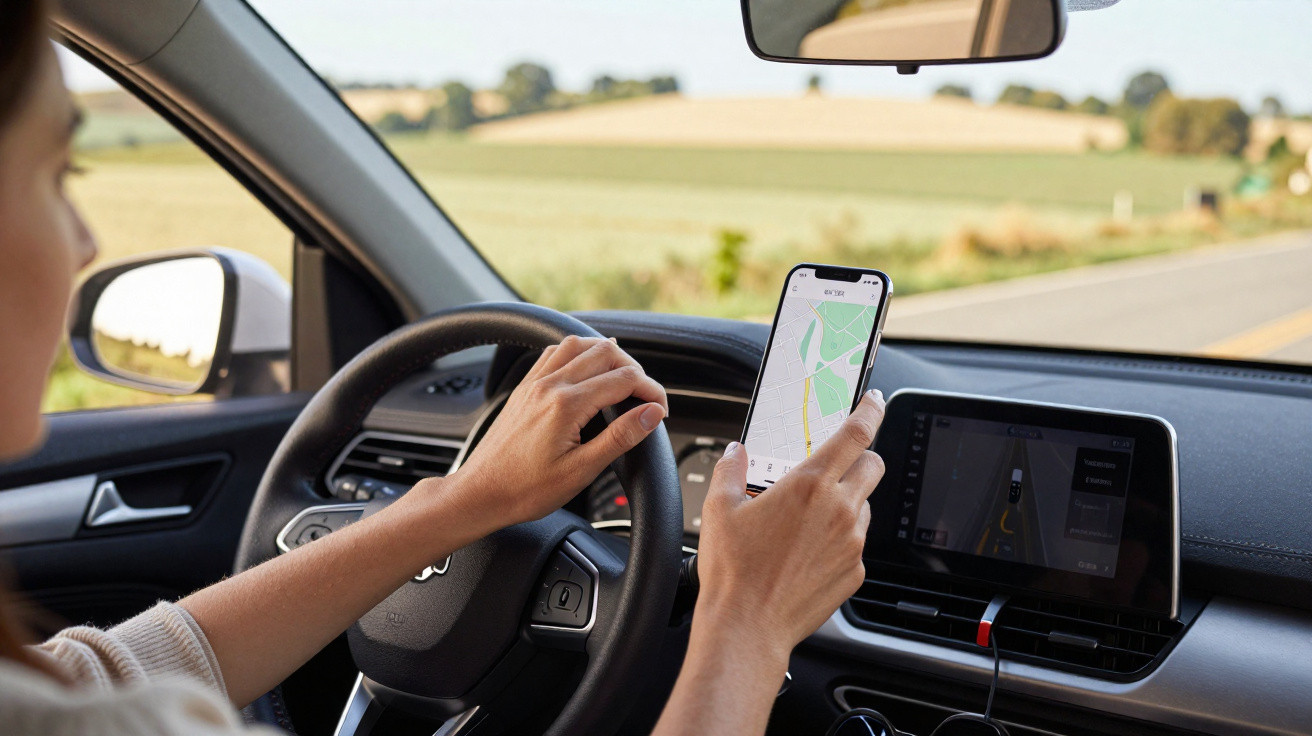 Pessoa segurando smartphone com mapa aberto enquanto conduz um automóvel com vista para estrada rural.