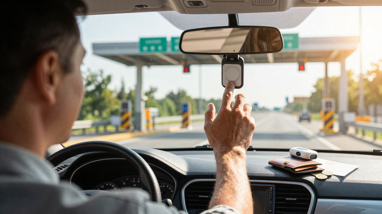 Homem ao volante pressiona dispositivo eletrónico suspenso no espelho interior do carro numa estrada ensolarada.