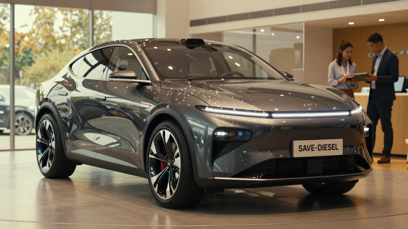 Carro elétrico cinzento num showroom com placa "SAVE-DIESEL" e duas pessoas ao fundo em conversa.