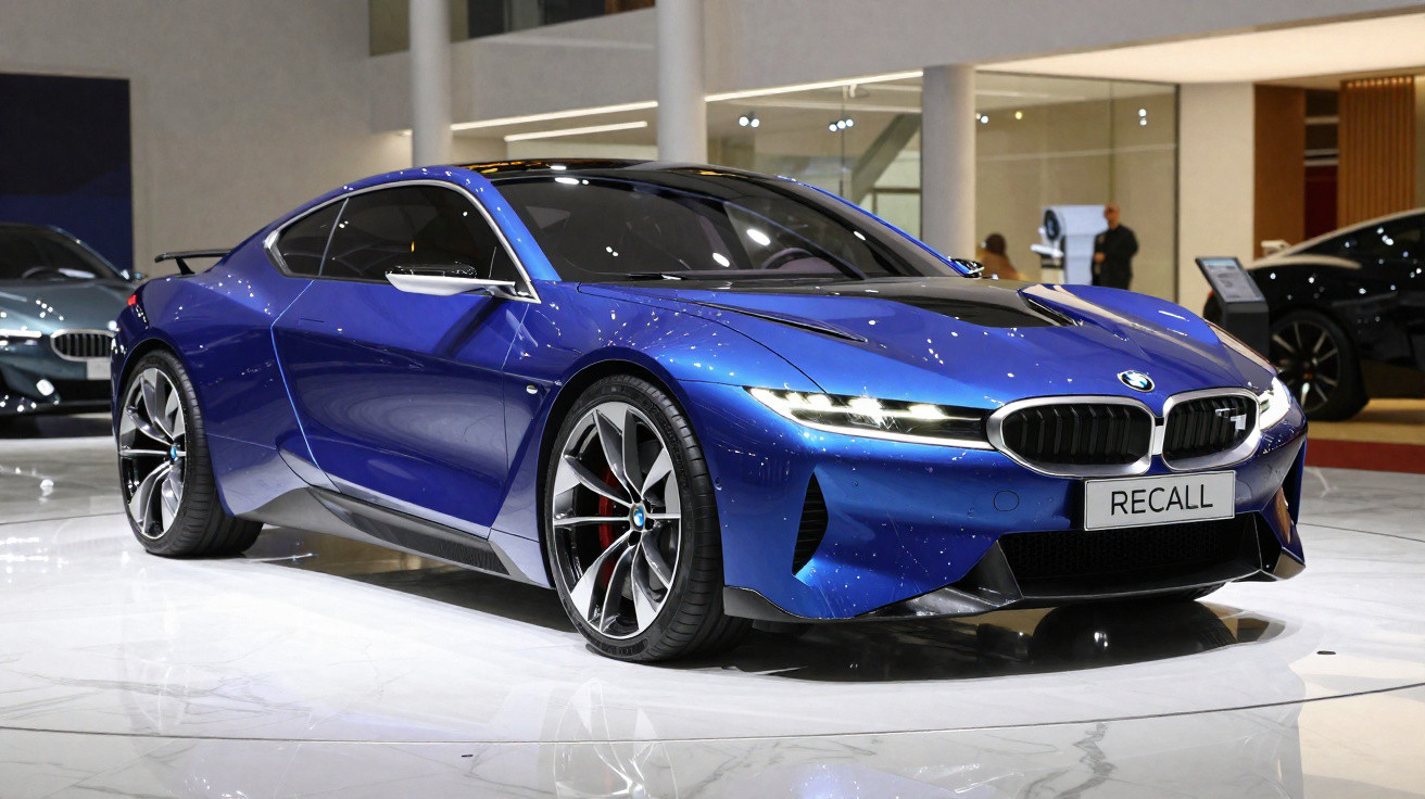 Carro desportivo azul metálico BMW com faróis LED exposto numa feira automóvel moderna e brilhante.