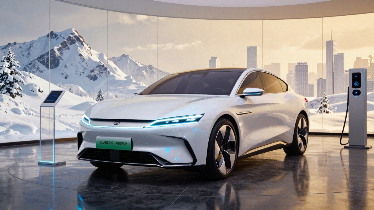 Carro elétrico branco moderno estacionado num espaço fechado com fundo de montanhas nevadas e cidade ao longe.