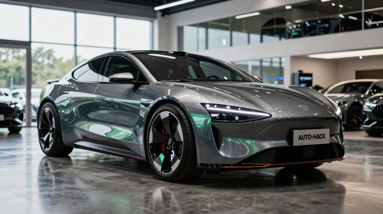Carro desportivo cinzento metálico estacionado em interior de concessionária moderna, com luzes LED ligadas.