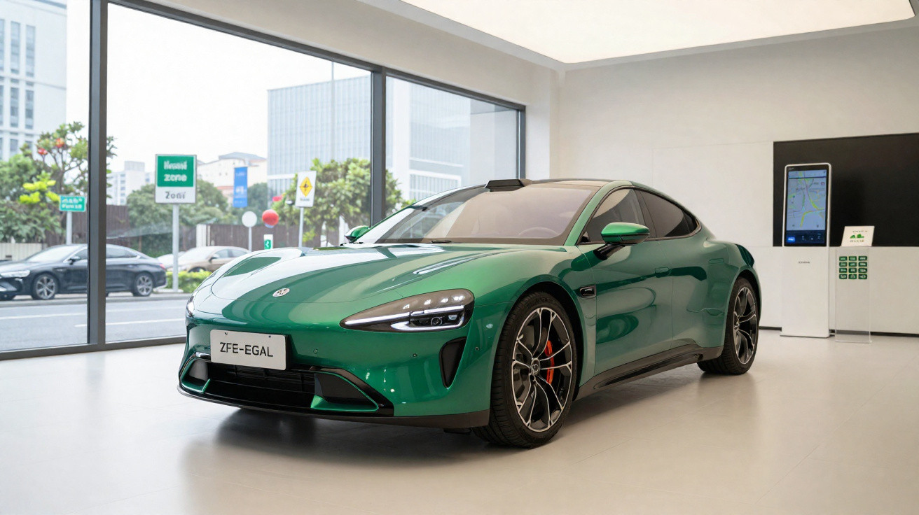 Carro desportivo elétrico verde exposto num espaço moderno com paredes brancas e janelas amplas.