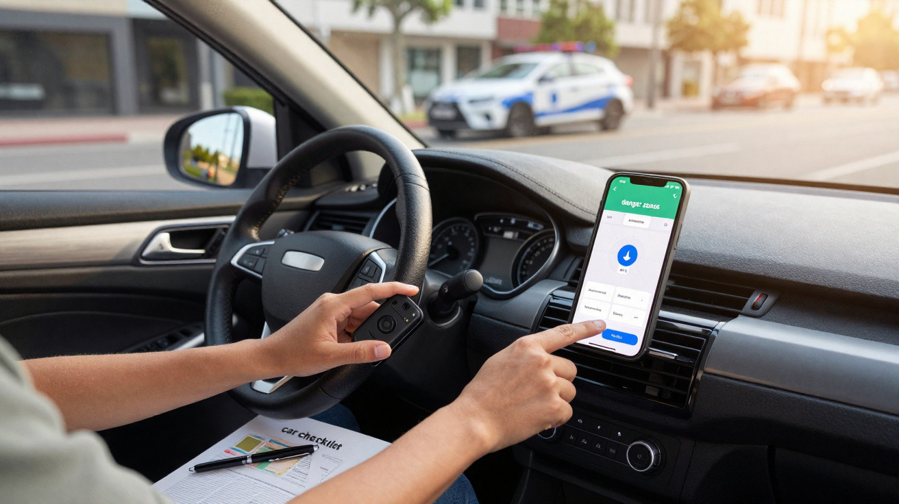 Interior de carro com motorista a usar app móvel e peritagem, viatura da polícia estacionada na rua em segundo plano.