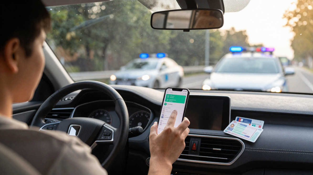 Pessoa no carro a usar telemóvel durante abordagem policial com duas viaturas com luzes azuis ligadas.
