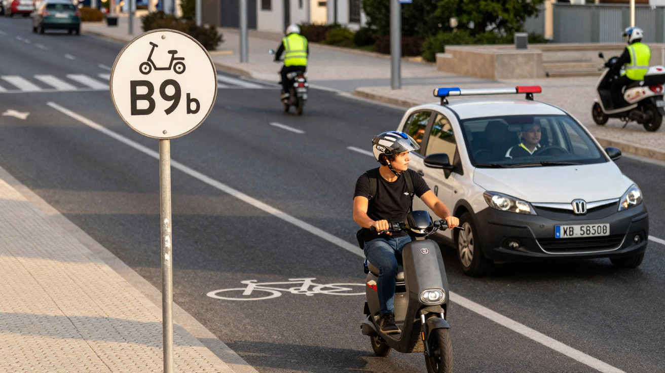 Homem de capacete numa mota elétrica numa via com placa B9b e carro da polícia ao fundo.
