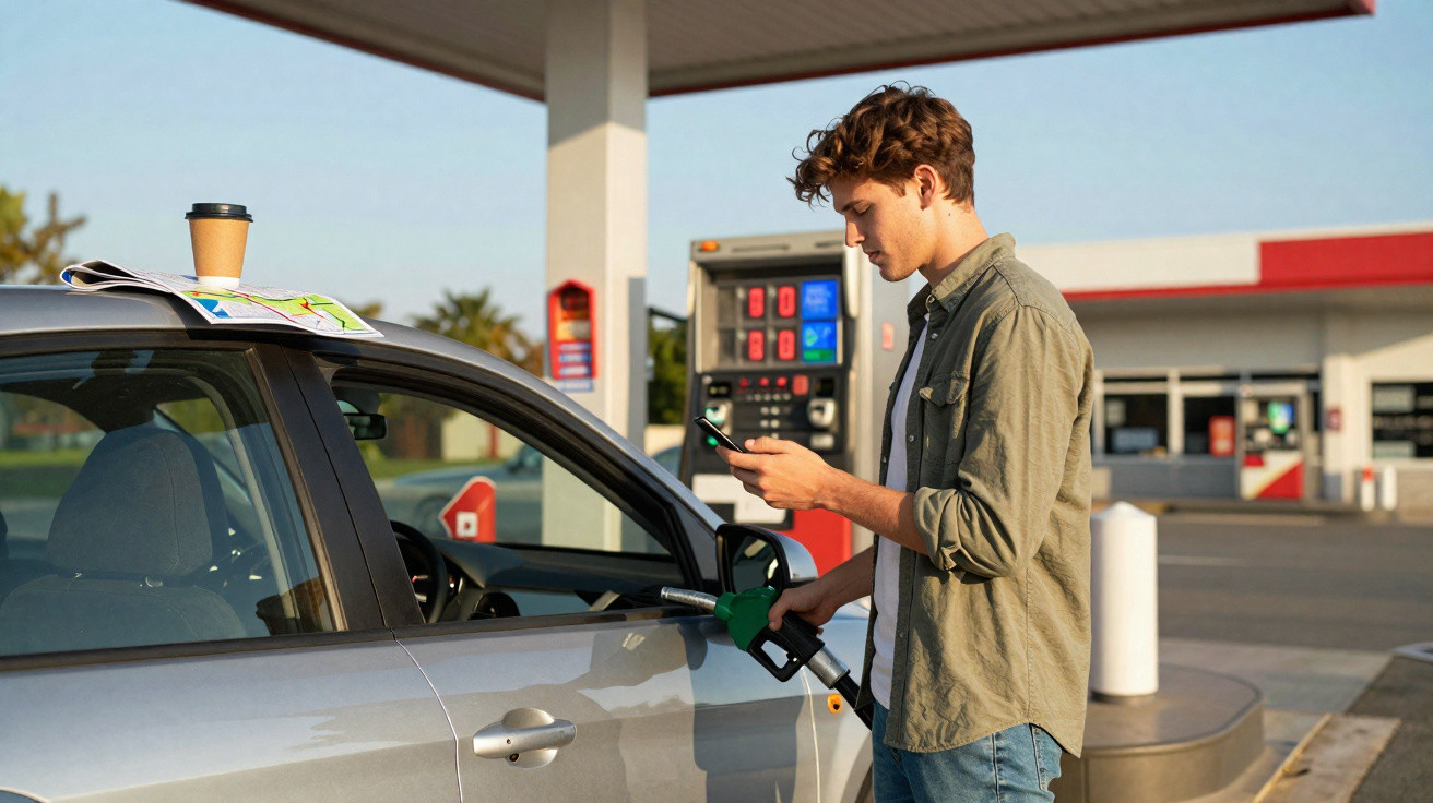 Jovem a abastecer carro numa bomba de gasolina, usando telemóvel, com café e mapa no tejadilho do carro.