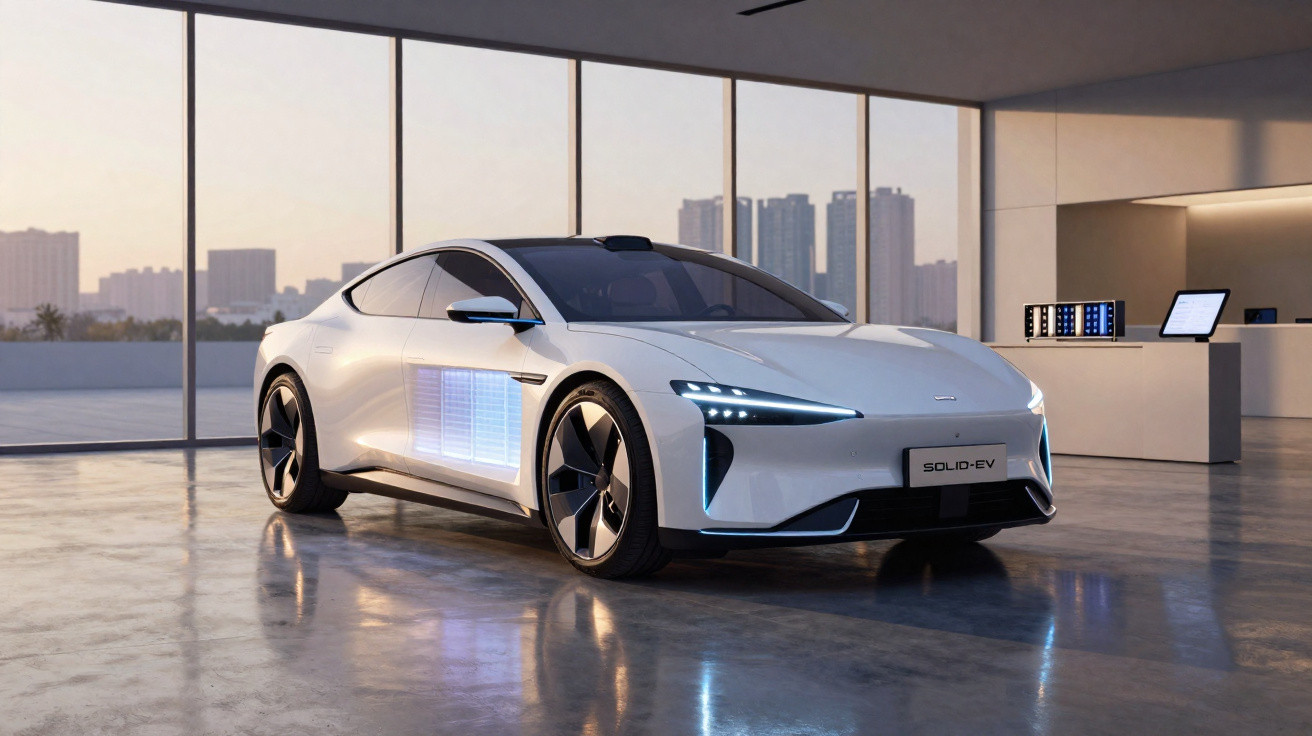 Carro elétrico branco moderno com design aerodinâmico numa garagem com janelas grandes e vista urbana.