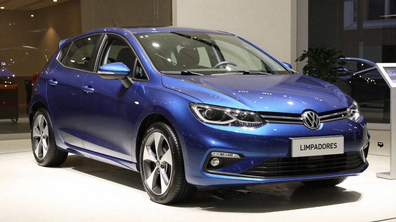 Carro Volkswagen azul estacionado em exposição interior com placa "Limpadores" à frente.