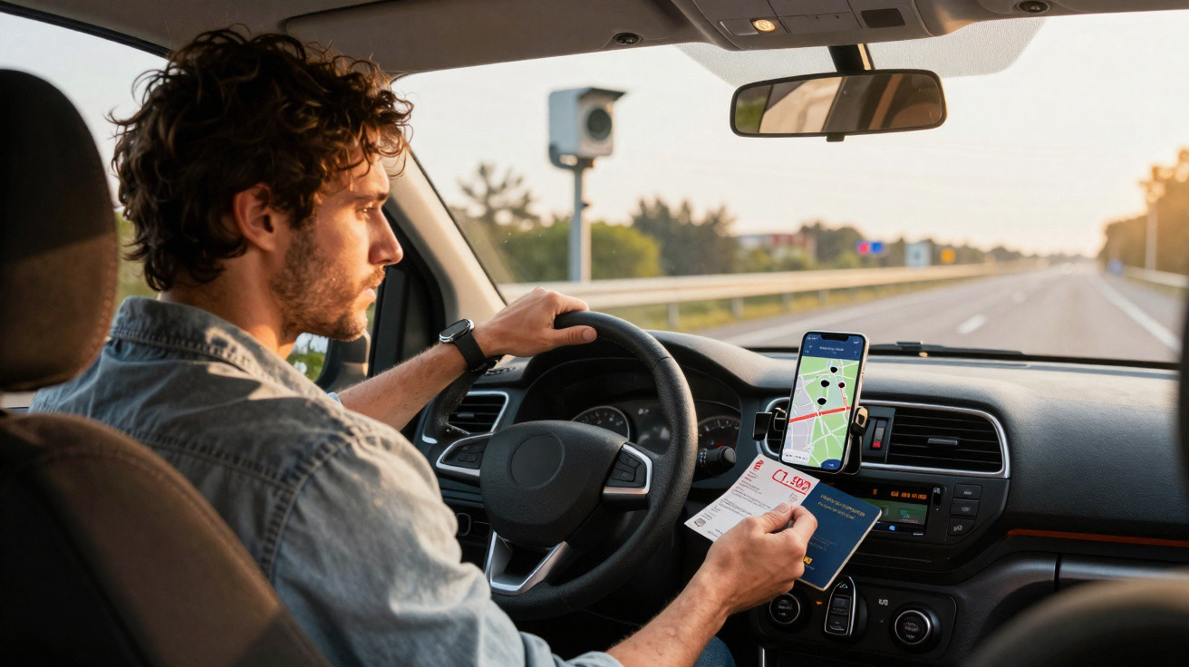 Homem no carro a olhar para carta de multa enquanto conduz com GPS visível no painel.
