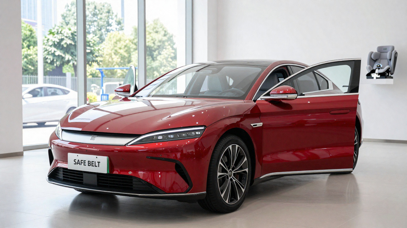 Carro elétrico vermelho brilhante com porta dianteira direita aberta em showroom moderno e luminoso.