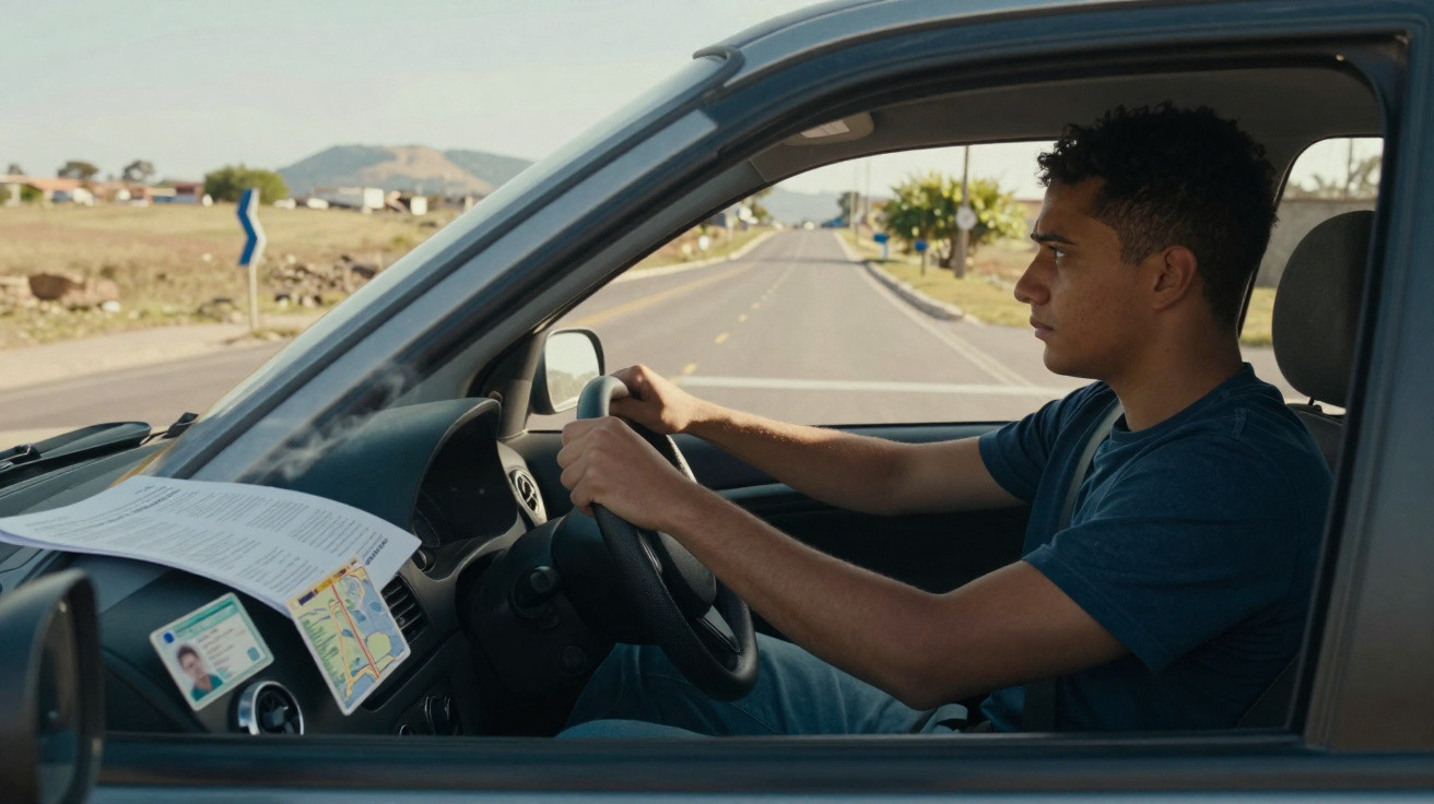 Jovem a conduzir um carro numa estrada deserta, com documento e mapa no painel dianteiro.