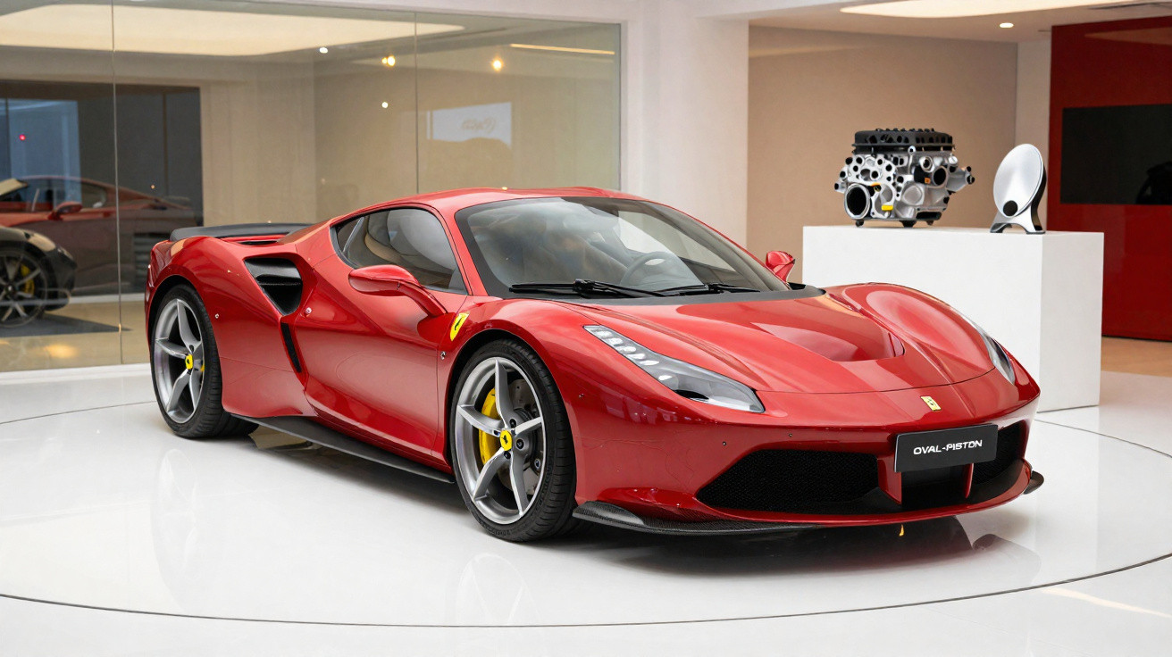 Carro desportivo Ferrari vermelho exibido numa sala com motor em exposição ao fundo.