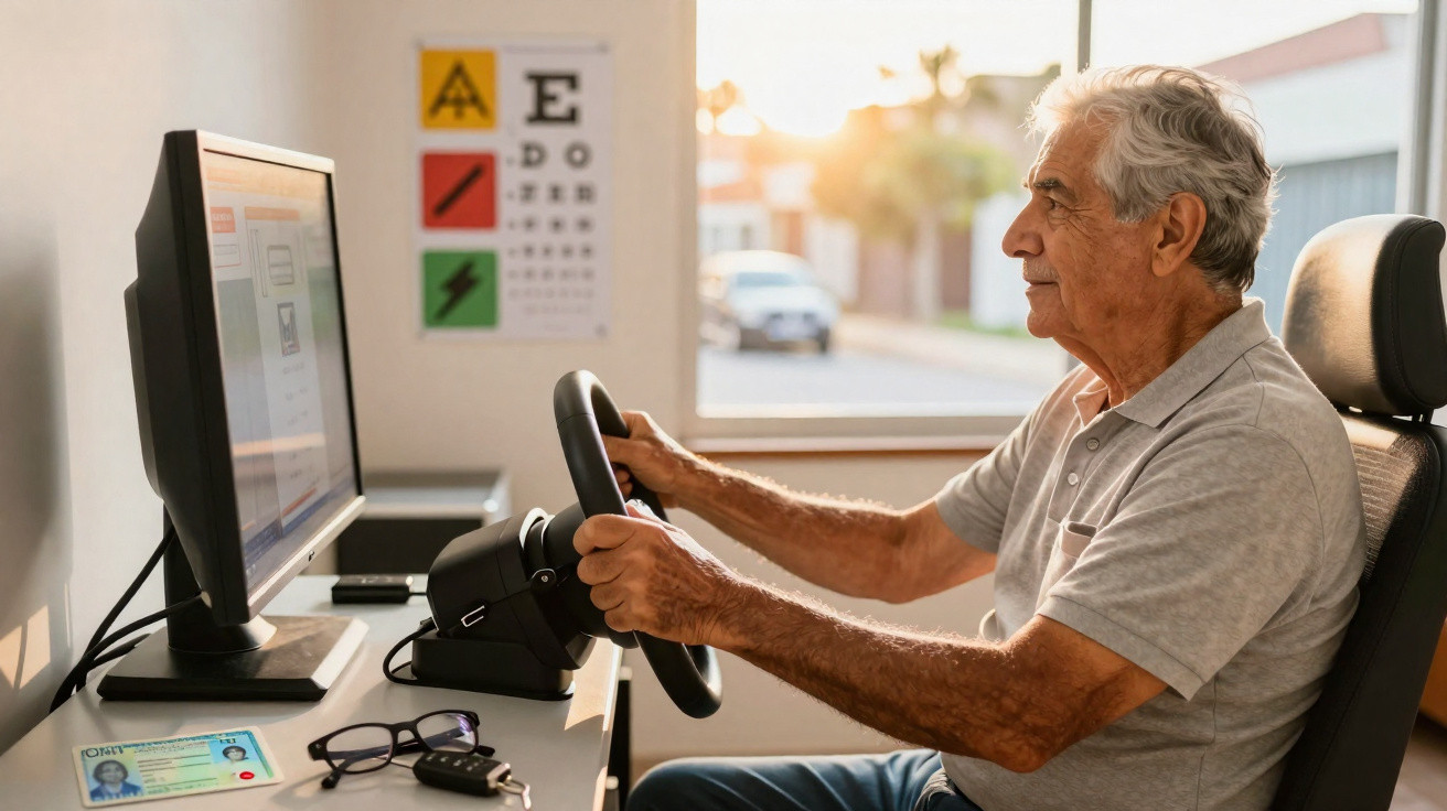 Homem idoso sentado a conduzir num simulador de volante diante de um computador em ambiente iluminado.