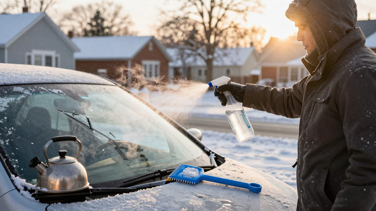 Pessoa a pulverizar líquido no para-brisas de um carro coberto de gelo numa manhã de inverno.