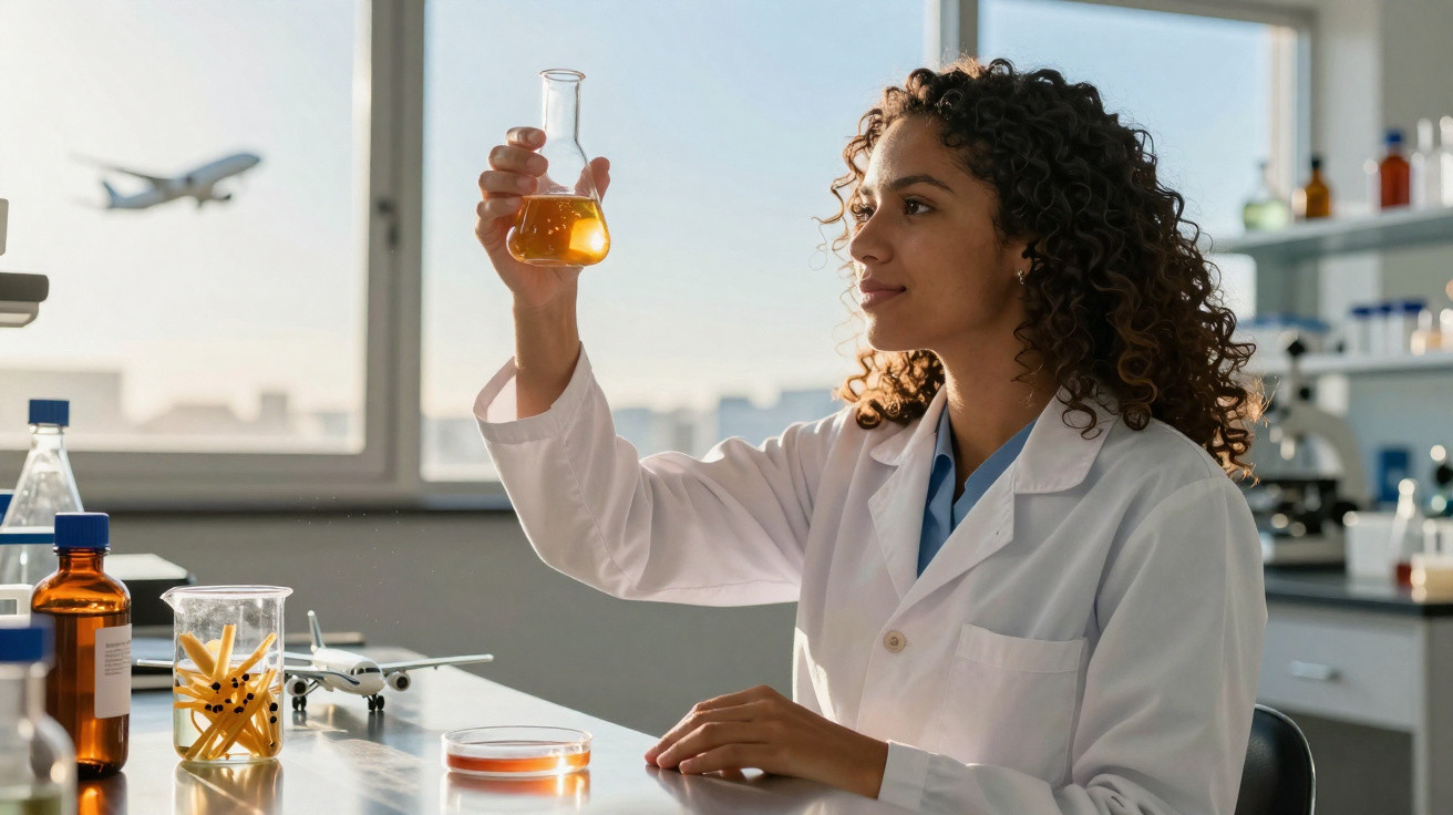 Mulher cientista a examinar líquido amarelo em frasco num laboratório com avião desfocado ao fundo.