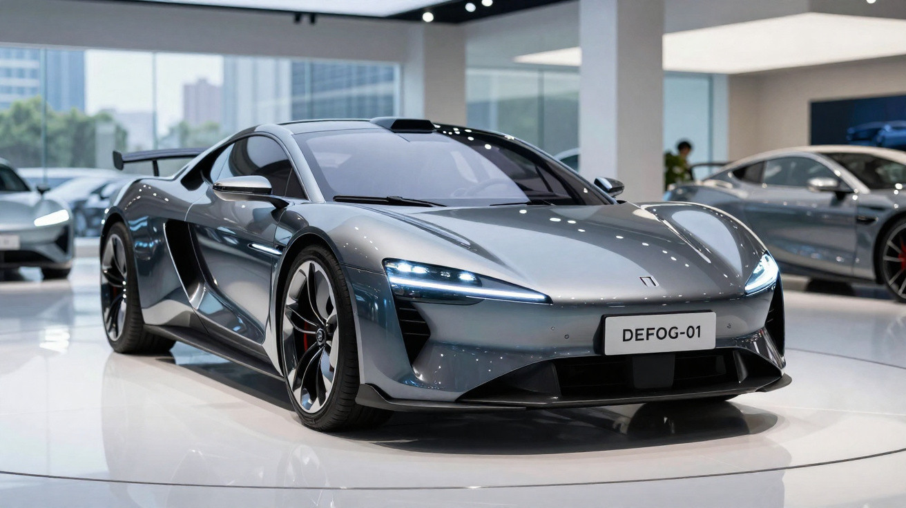 Carro desportivo elétrico cinzento, com faróis LED e design aerodinâmico, em exposição numa sala moderna.