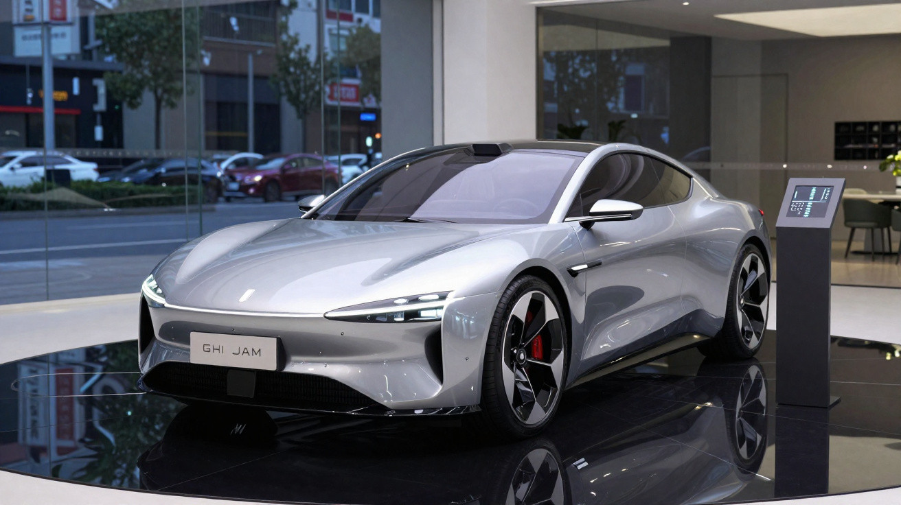 Carro desportivo elétrico cinza prateado em exposição num salão moderno com montra de vidro.