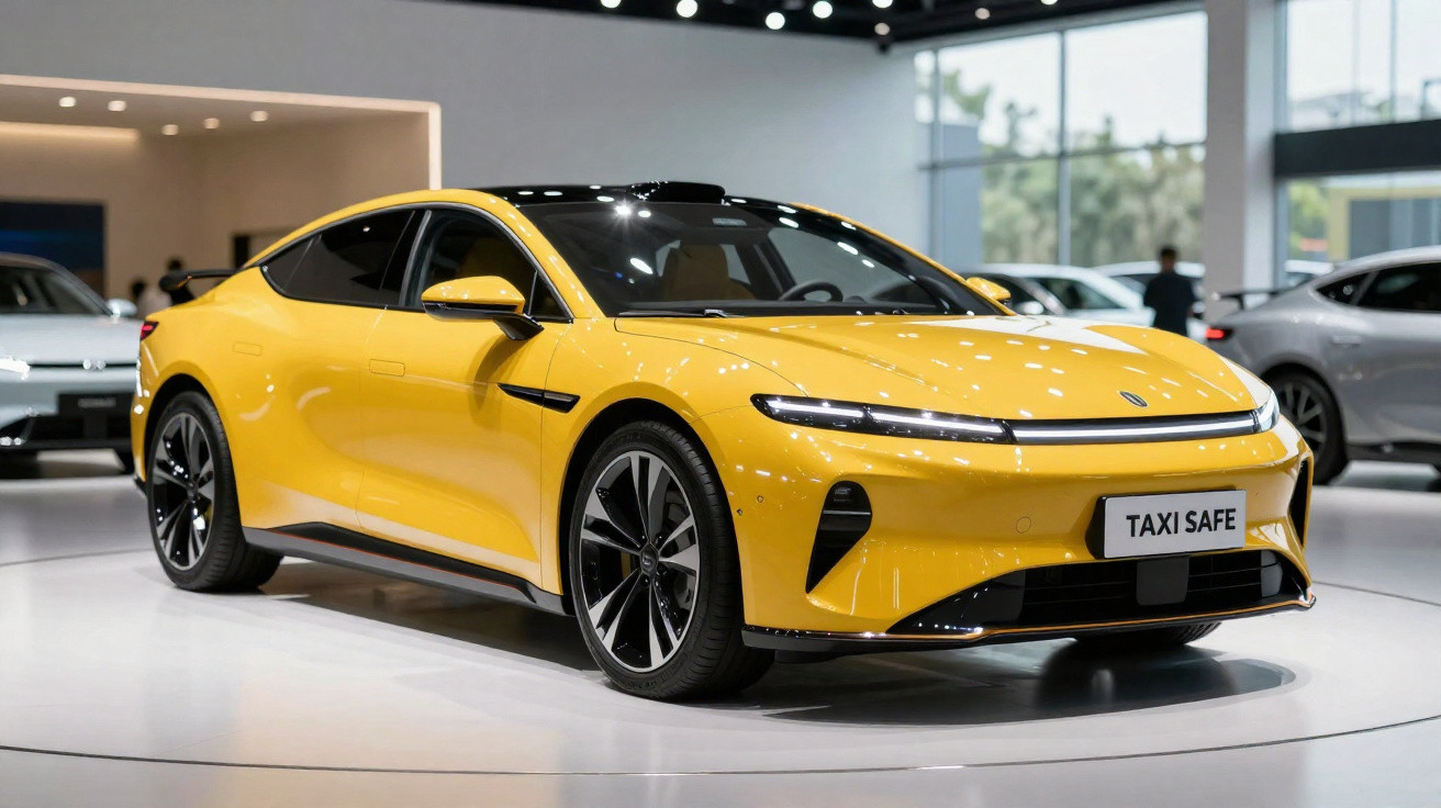 Automóvel elétrico amarelo com design moderno exposto em showroom com placa "TAXI SAFE".
