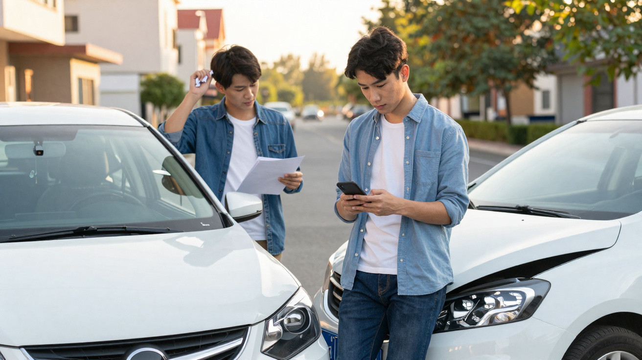 Dois homens jovens em rua urbana verificam danos após uma colisão entre dois carros brancos.