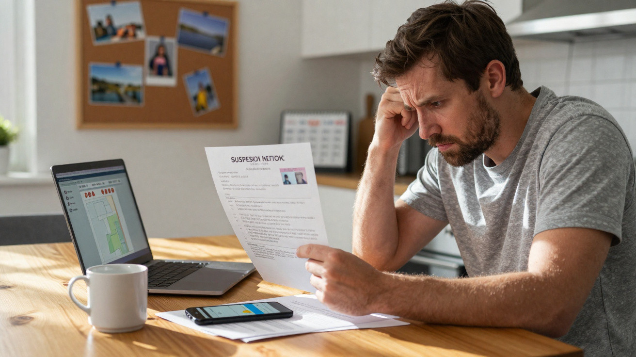 Homem preocupado a ler uma carta sentando-se à mesa com laptop, telemóvel e caneca numa cozinha.