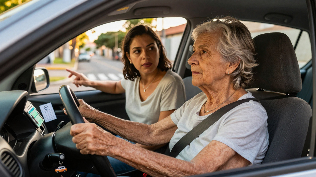 Mulher idosa ao volante de carro, jovem ao lado a indicar direção na rua ao entardecer.