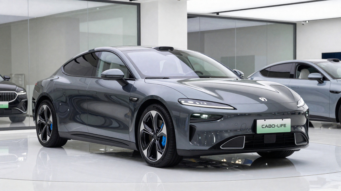 Carro elétrico cinza escuro com design moderno estacionado num showroom minimalista com piso brilhante.