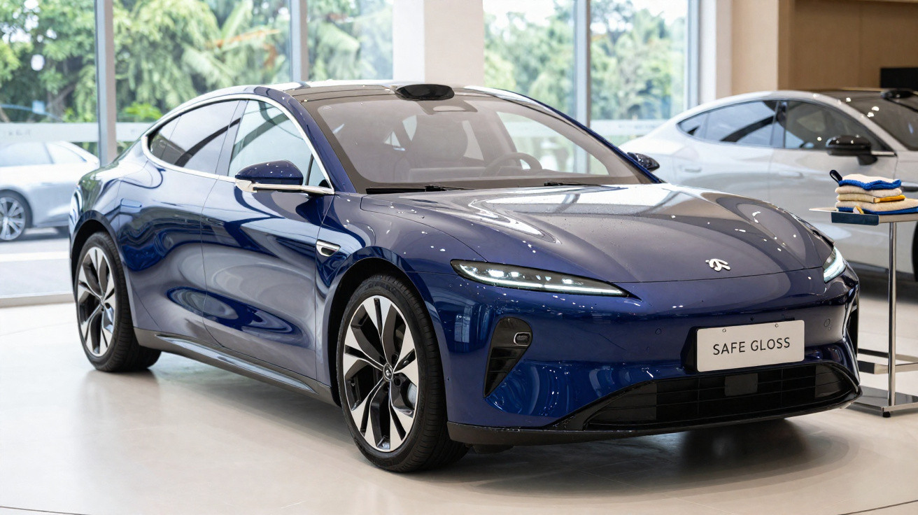 Carro elétrico azul exposto numa sala de showroom com janelas grandes e outro carro ao fundo.
