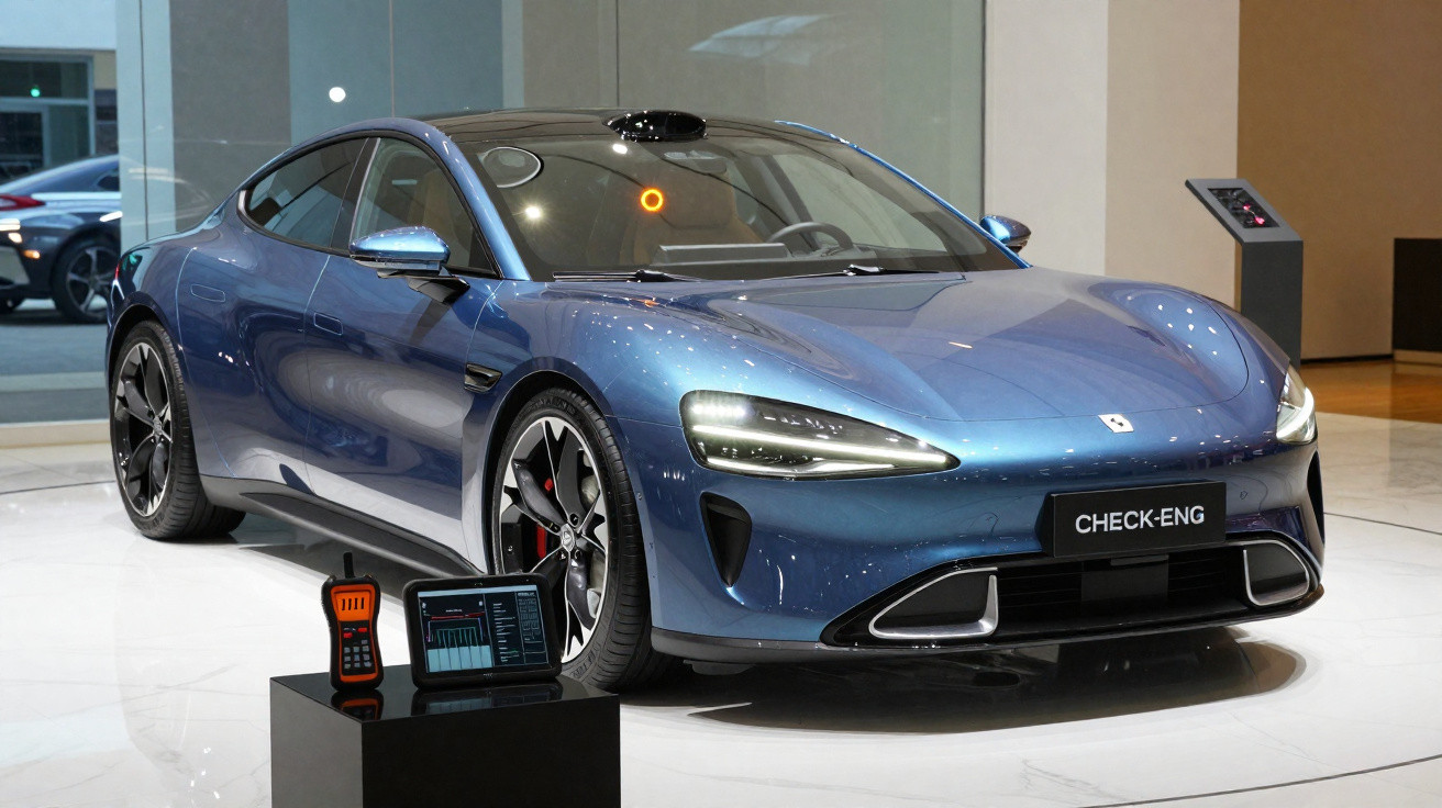 Carro desportivo azul metálico com faróis acesos e equipamento de diagnóstico automóvel à frente bancada preta.