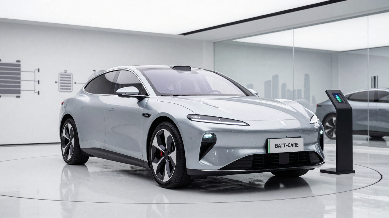 Carro elétrico cinza estacionado numa sala moderna, próximo de um posto de carregamento com ecrã digital.