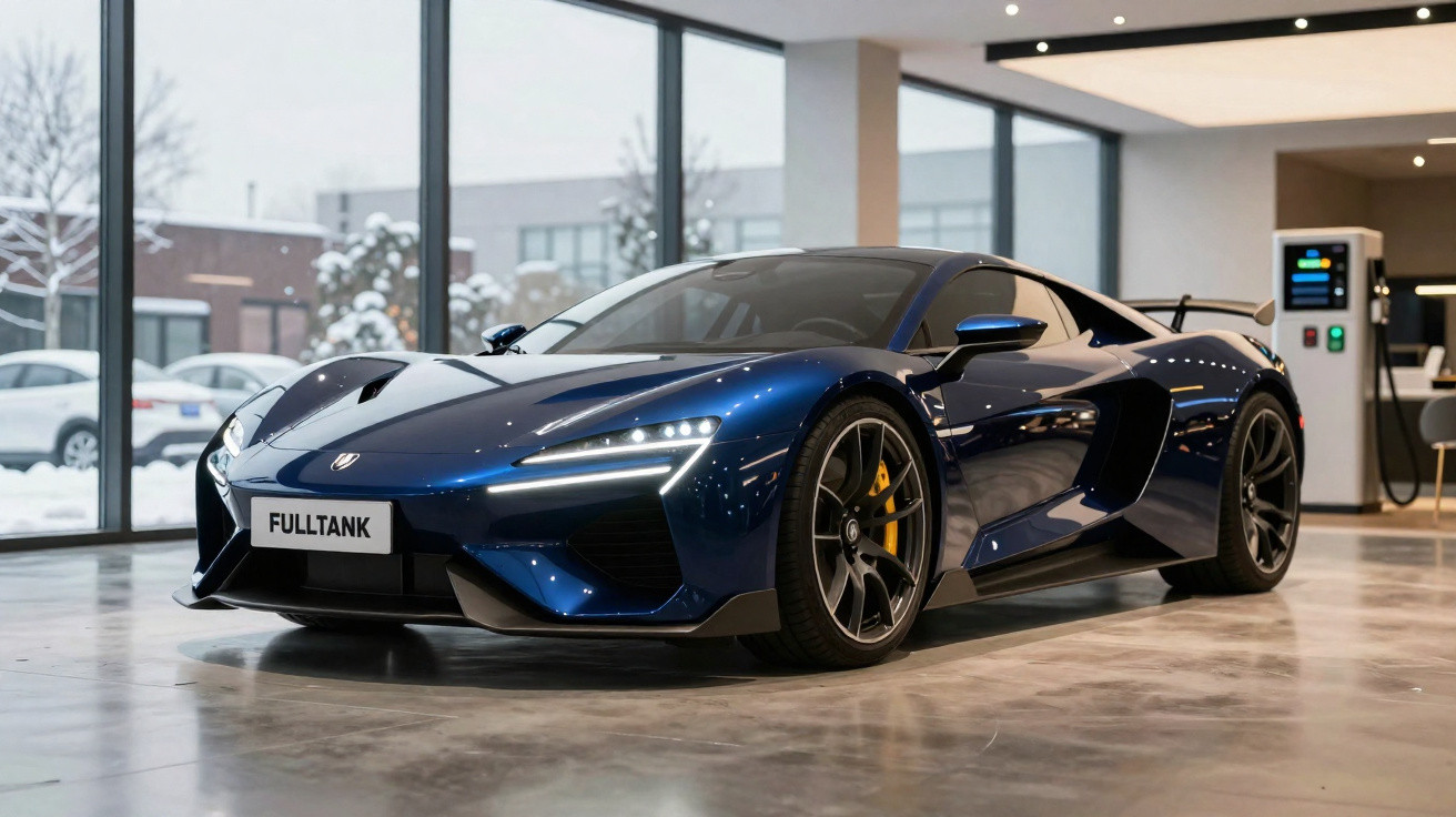 Carro desportivo azul-escuro estacionado em showroom com grandes janelas e neve lá fora.
