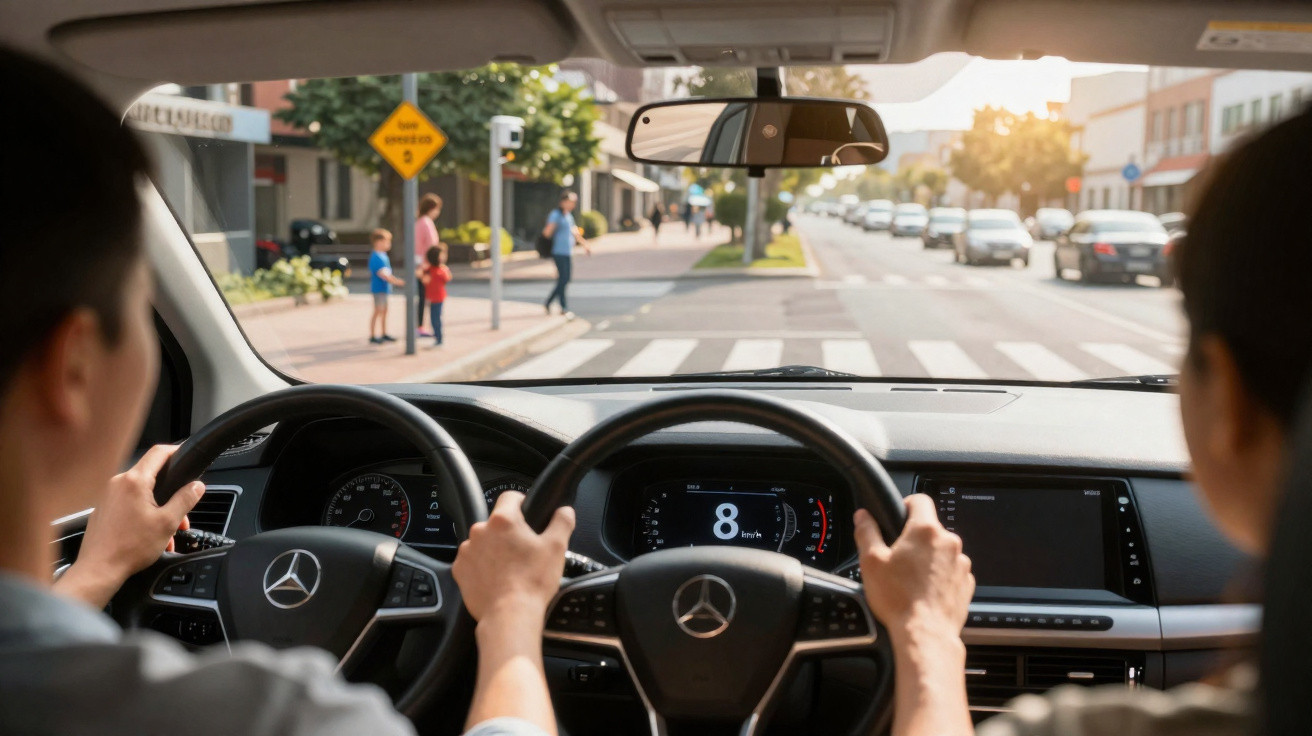 Duas pessoas ao volante de um carro Mercedes, paradas num semáforo junto a uma passadeira com peões.