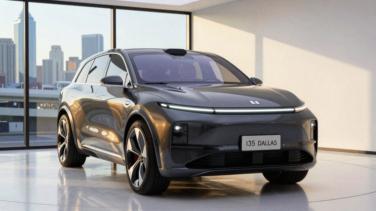 Carro elétrico moderno cinza numa garagem com janelas amplas e vista para arranha-céus urbanos.