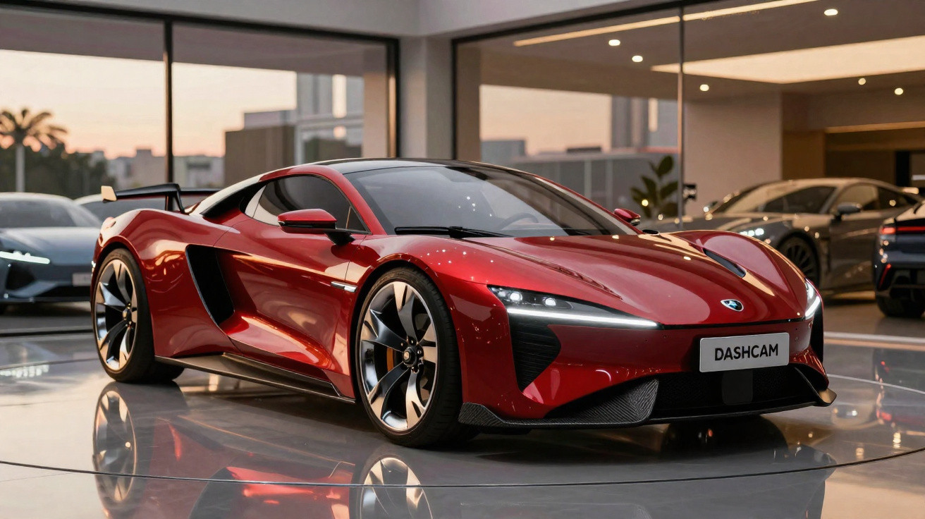 Carro desportivo vermelho brilhante estacionado numa exposição moderna com luz suave e reflexos no chão.