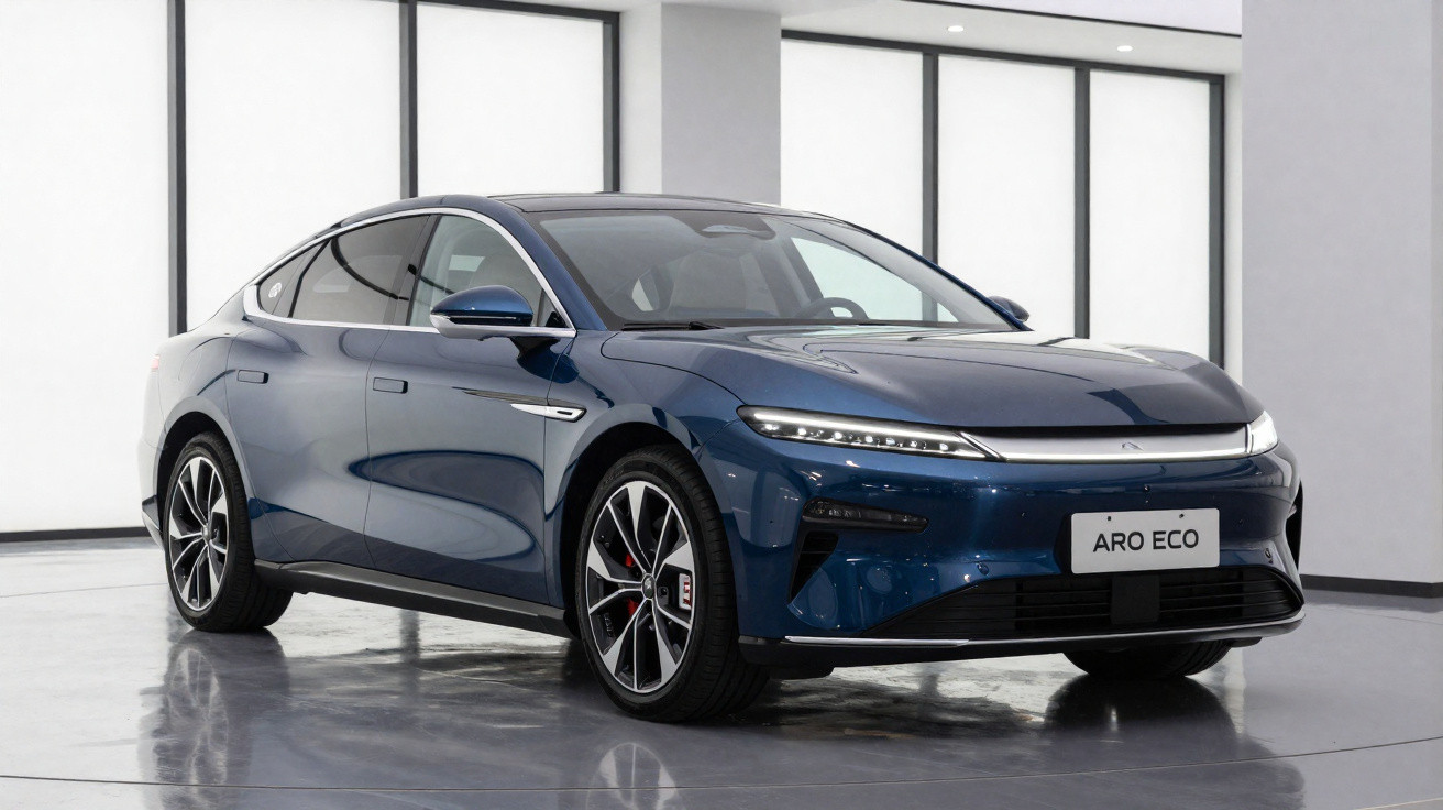Carro elétrico azul Aro Eco estacionado em espaço interior moderno com grandes janelas e chão refletor.