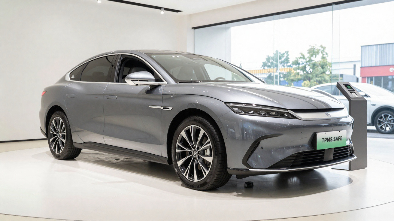Carro elétrico cinza moderno em exposição dentro de um salão com grandes janelas de vidro.