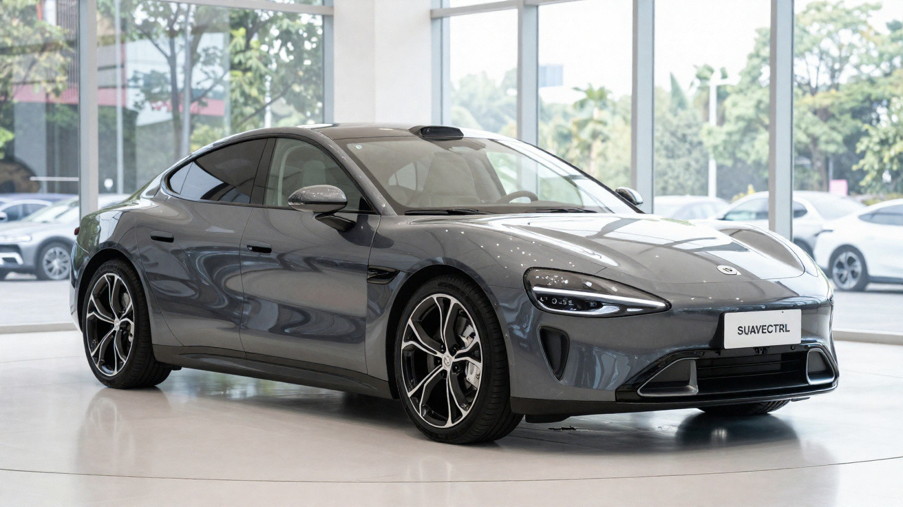 Carro desportivo cinza escuro com design aerodinâmico exposto numa loja moderna com vidros grandes.