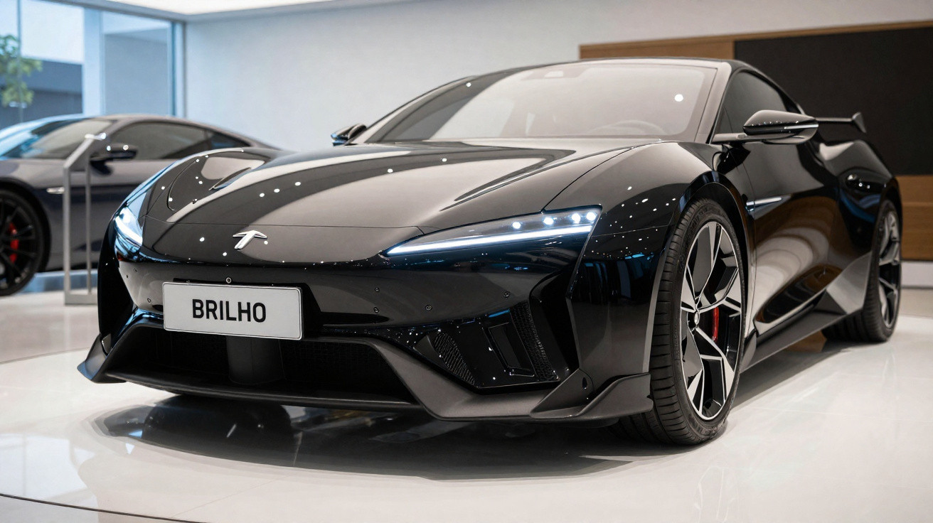 Carro desportivo elétrico preto brilhante com design moderno em exposição interior.