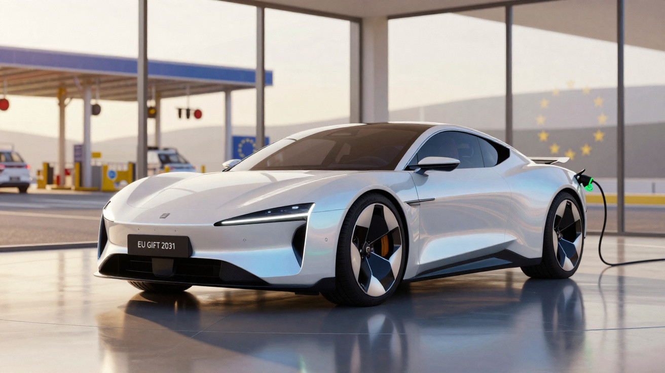 Carro elétrico desportivo branco a carregar numa estação de serviço moderna com bandeira da UE ao fundo.