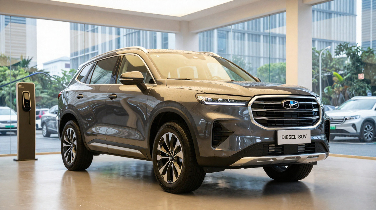 SUV diesel cinzento estacionado dentro de um showroom moderno com carros visíveis ao fundo.