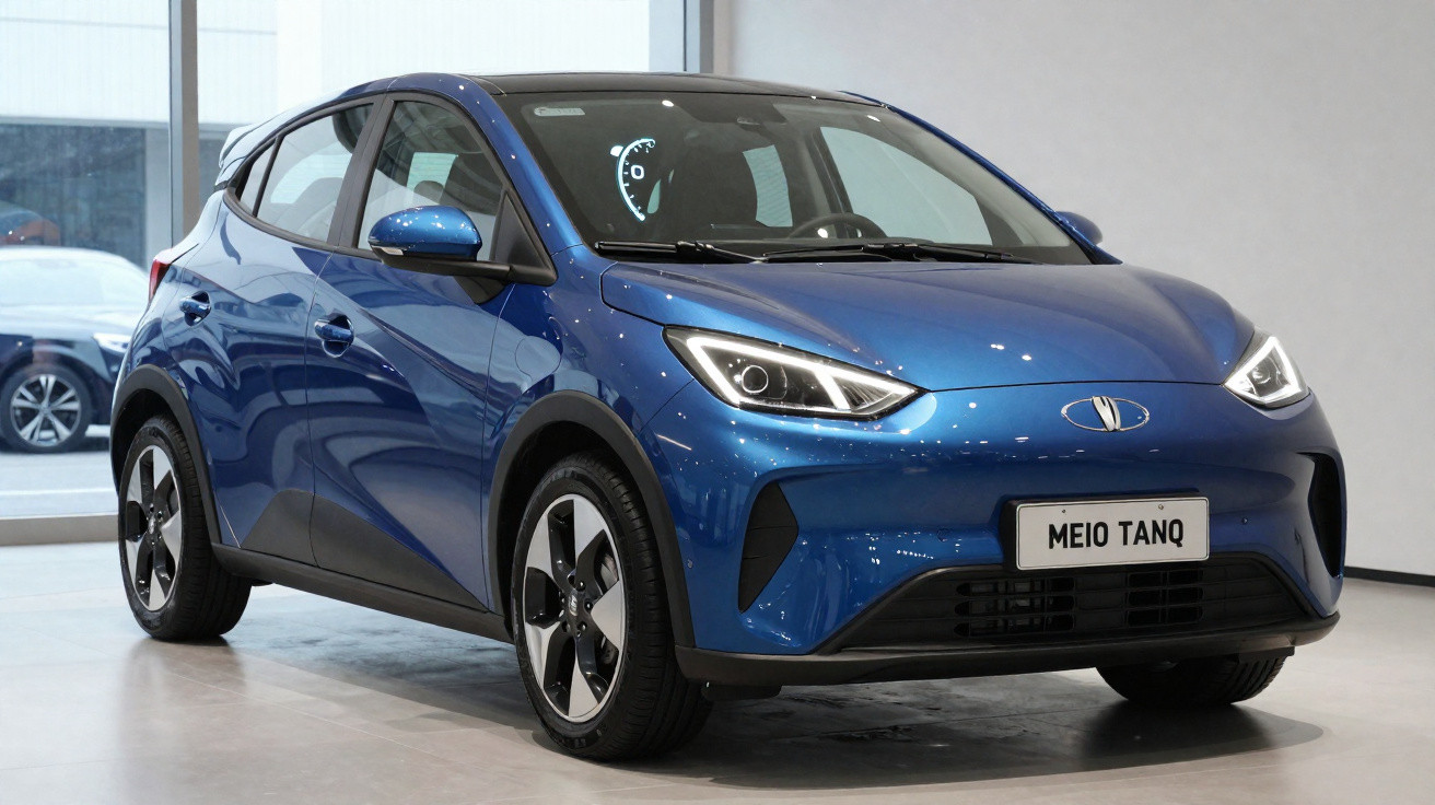 Carro elétrico compacto azul em exposição numa sala com luz natural.