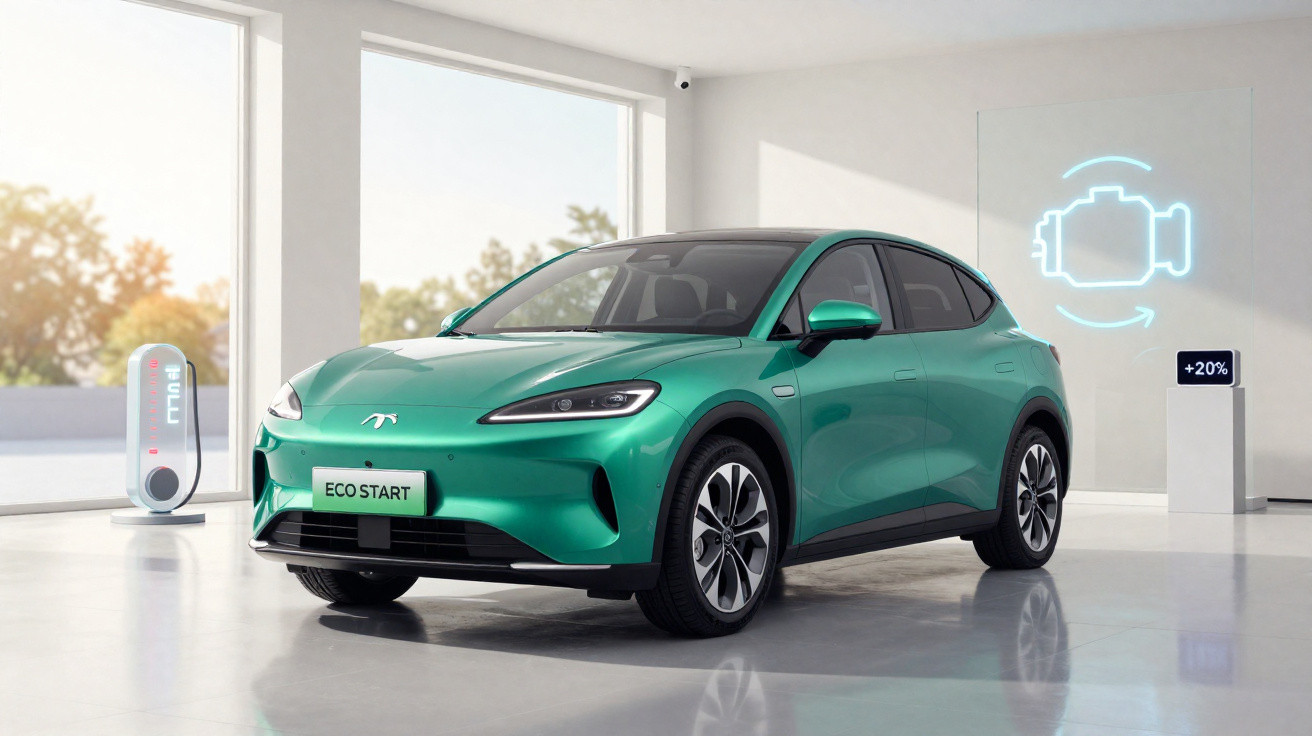 Carro elétrico verde num showroom com estação de carregamento e ícone de motor em fundo iluminado.