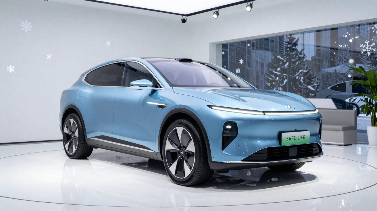 Carro elétrico azul claro exposto num salão moderno com janelas grandes e decoração minimalista.
