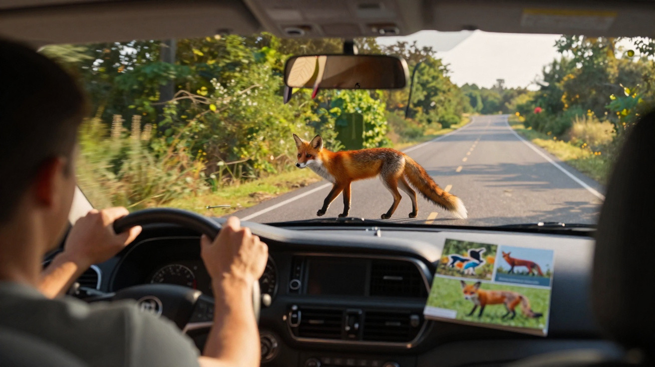 Raposa atravessa estrada à frente de um carro parado, vista do interior com motorista ao volante.
