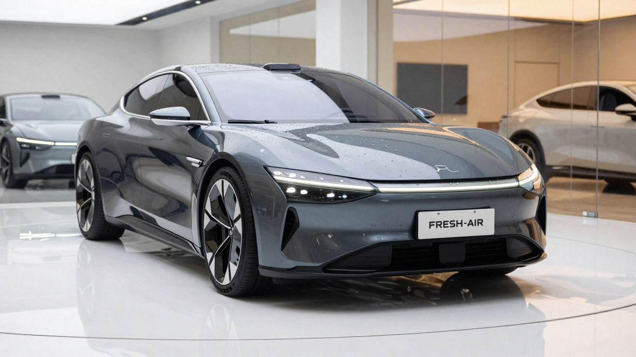 Carro elétrico cinzento elegante com design aerodinâmico exposto em showroom moderno e luminoso.