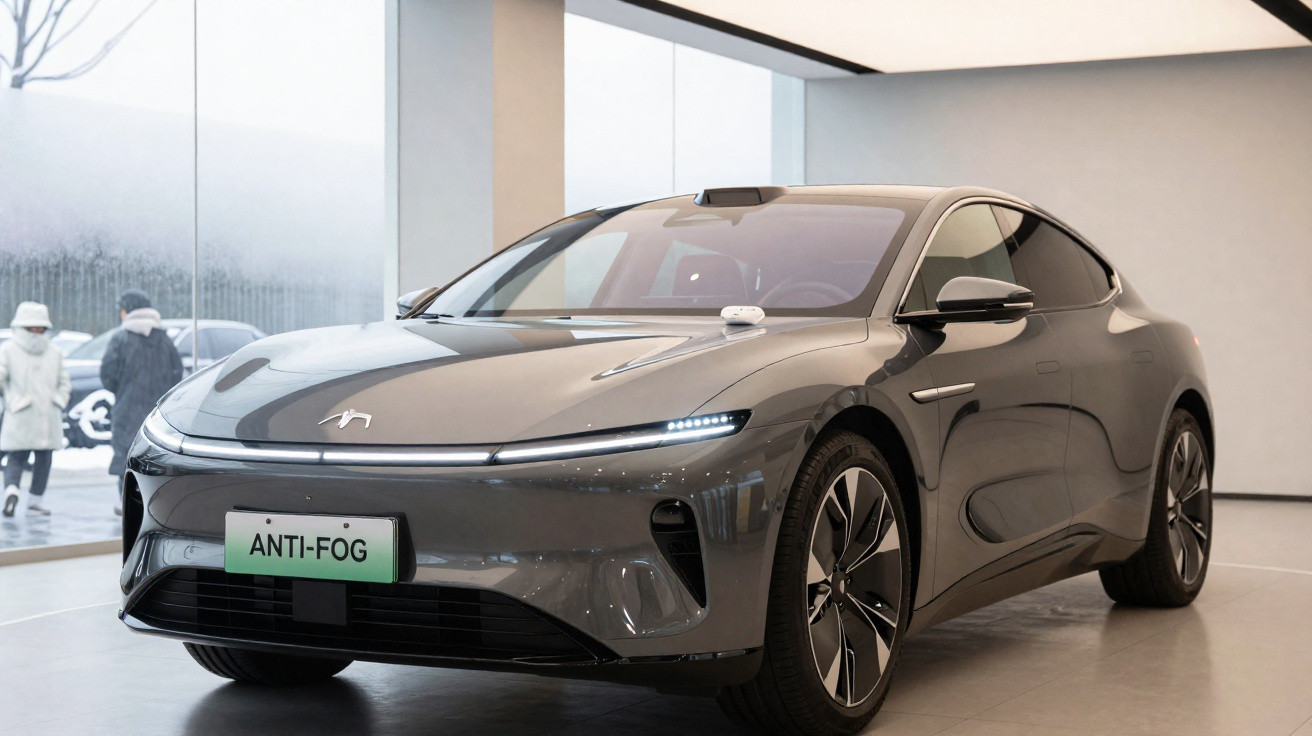 Carro elétrico desportivo cinzento exposto em salão com vidro e pessoas ao fundo.