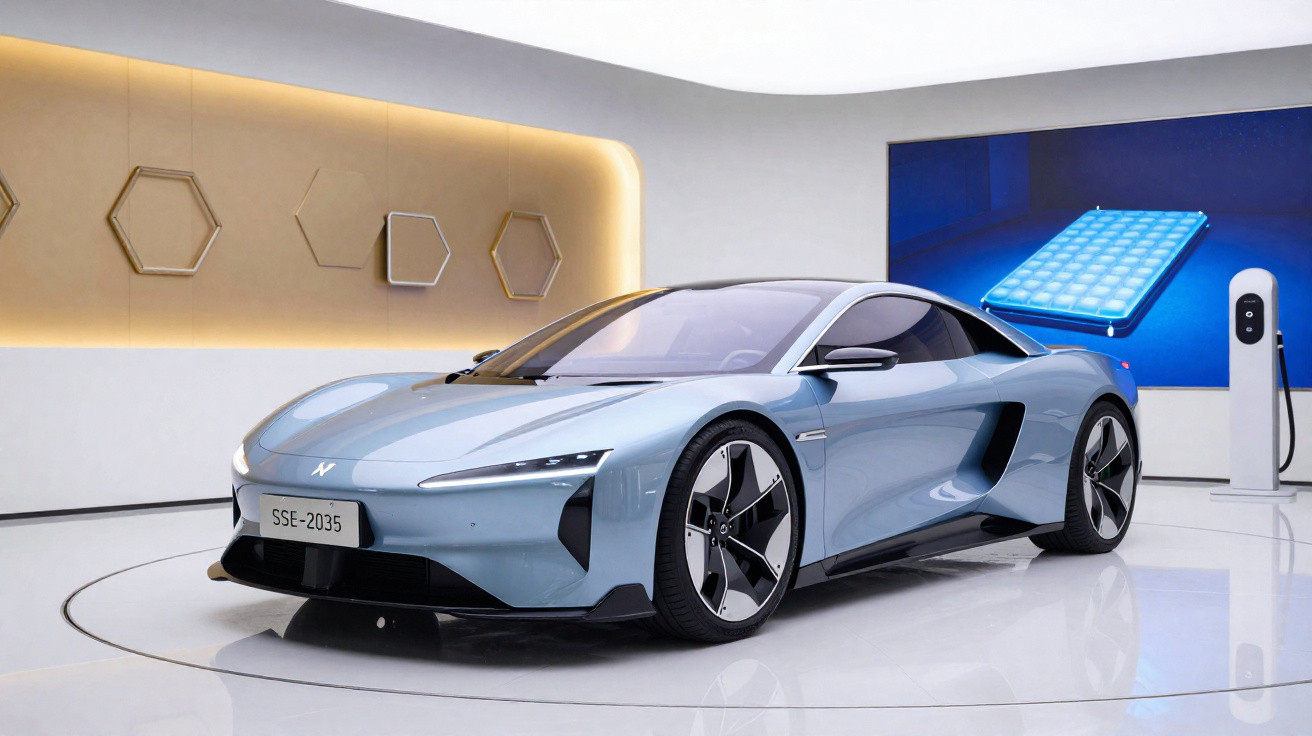 Carro elétrico desportivo azul claro num showroom moderno com carregador elétrico ao fundo.