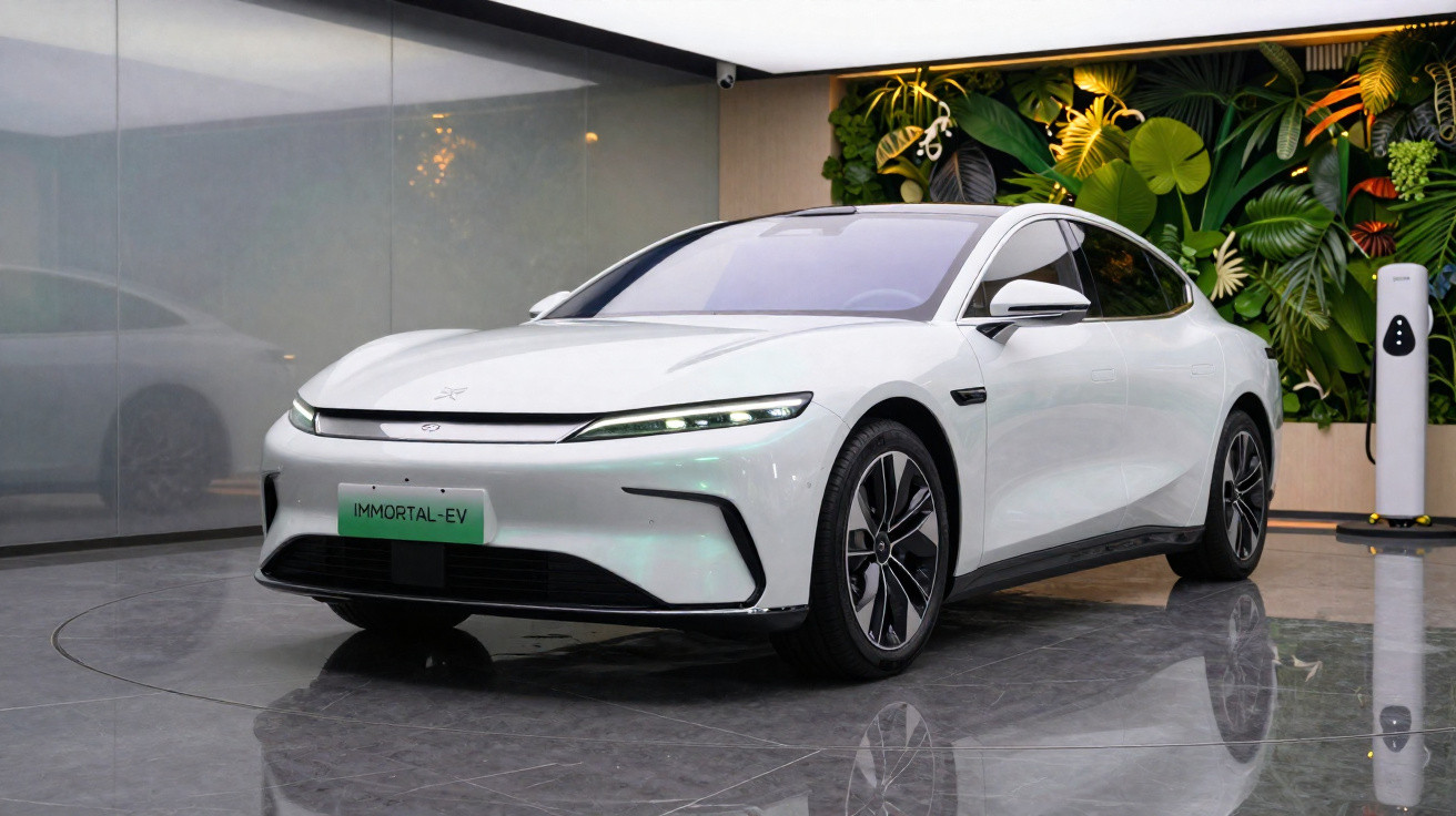 Carro eléctrico branco estacionado num espaço interior moderno com parede de plantas e superfície brilhante.