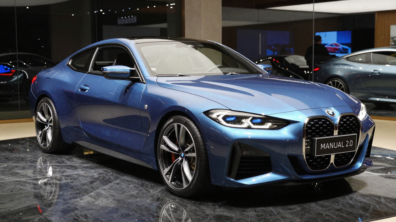 Carro desportivo BMW azul metálico com grelha dianteira dupla, faróis LED e jantes grandes exposto em exposição.