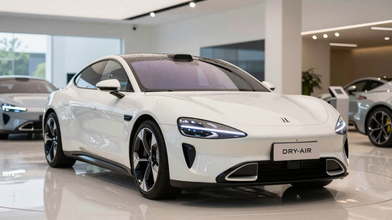 Carro elétrico branco desportivo em exposição numa sala moderna e iluminada.